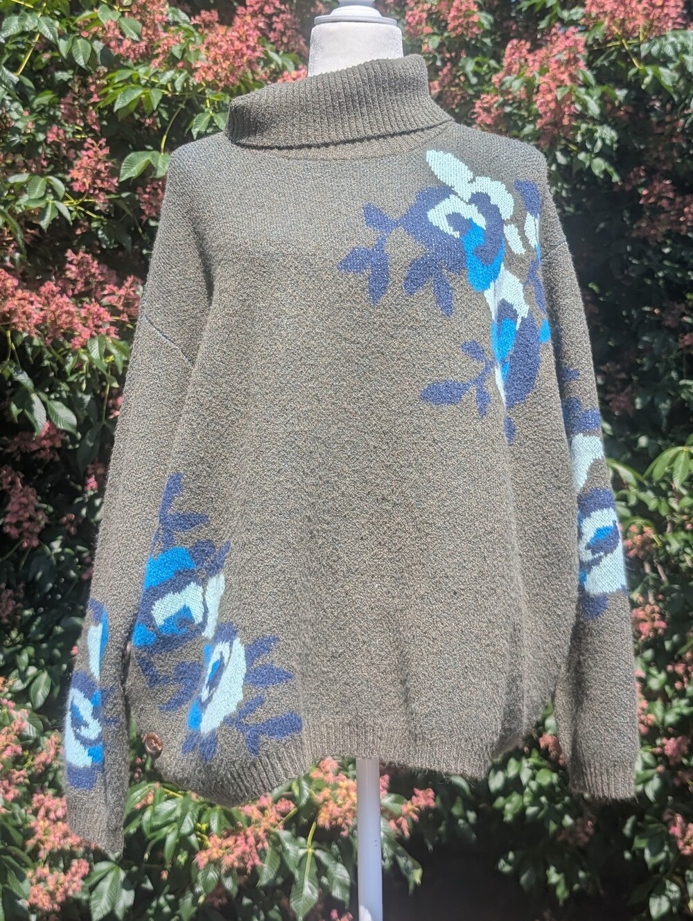 Olive green Floral Turtleneck Sweater with Blue floral & button accents